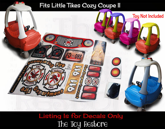 Firetruck Stickers Replacement Decals fits Little Tikes Tykes Custom Cozy Coupe II Ride-On Car Fire Truck Engine Set